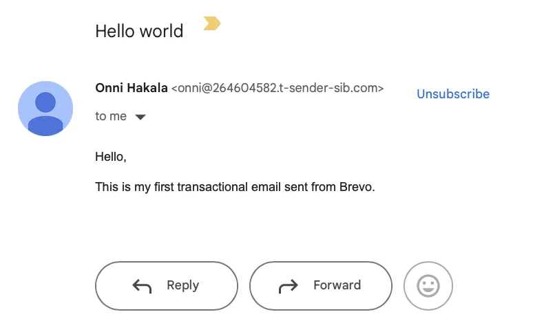 Screenshot of the Hello World email in Gmail inbox