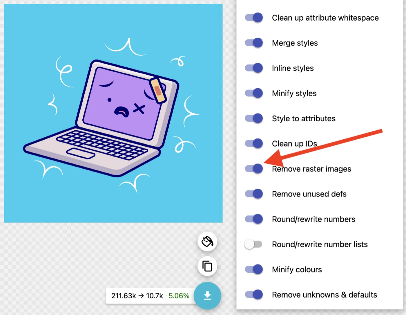 Removing raster images is not enabled by default in svgomg.net and you do need to select it from the right-side menu.